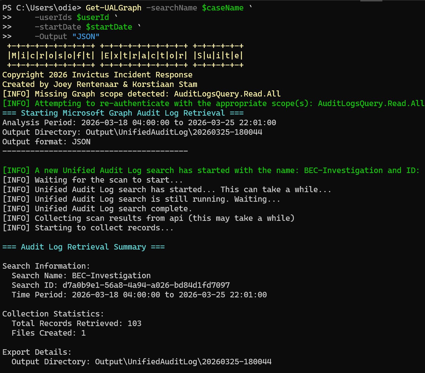Microsoft Extractor Suite UAL export output in PowerShell